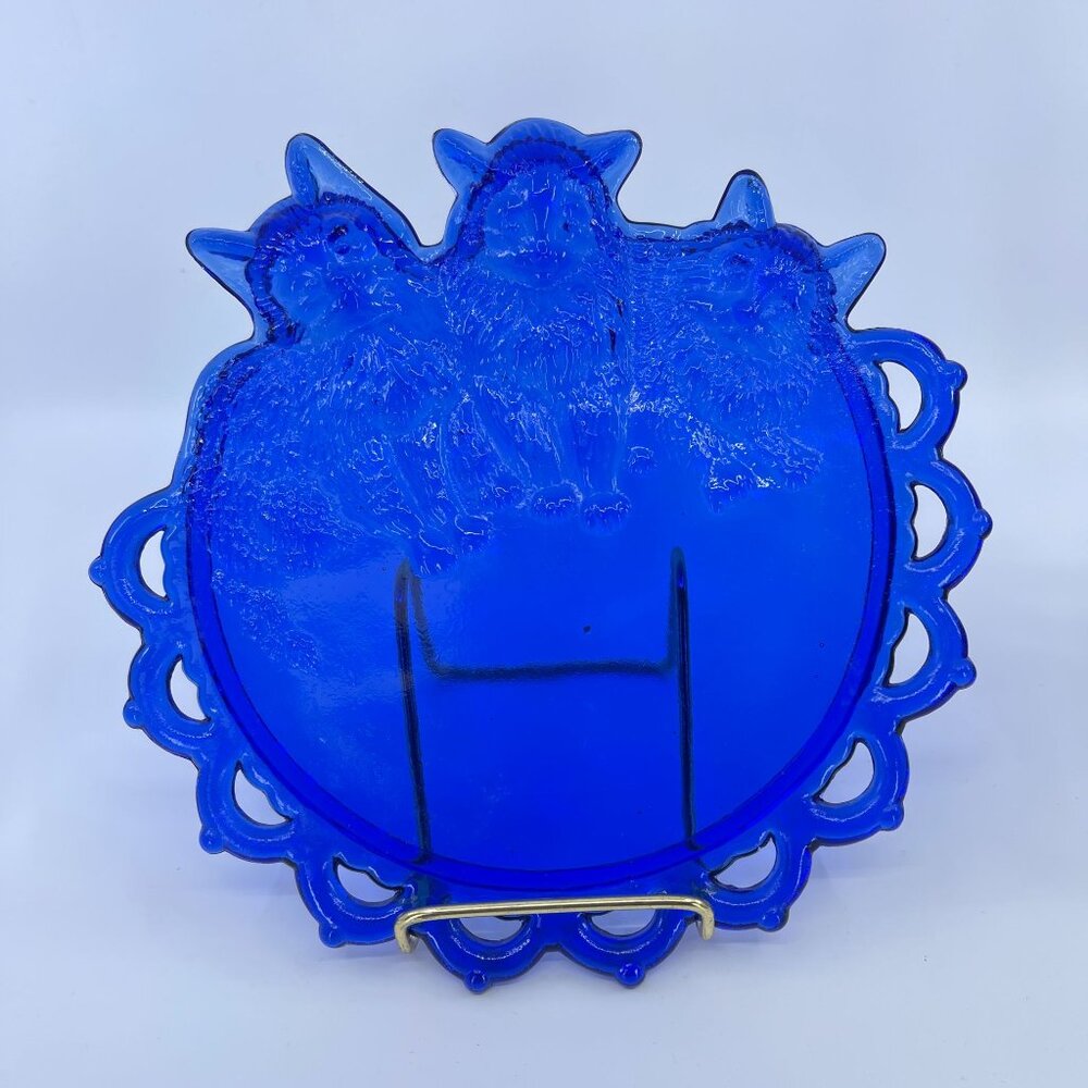 vintage imperial glass 3 kitten plate with scalloped edge cobalt blue
